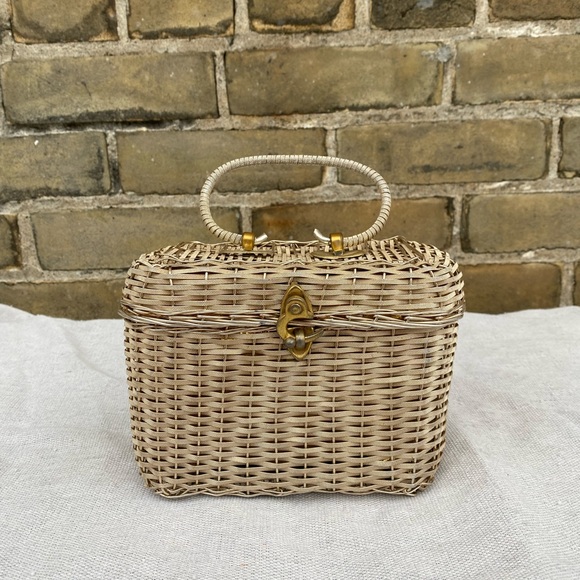 Vintage Champagne Metal Basket Woven Box Purse with Top Handle // 1950s - Picture 1 of 8